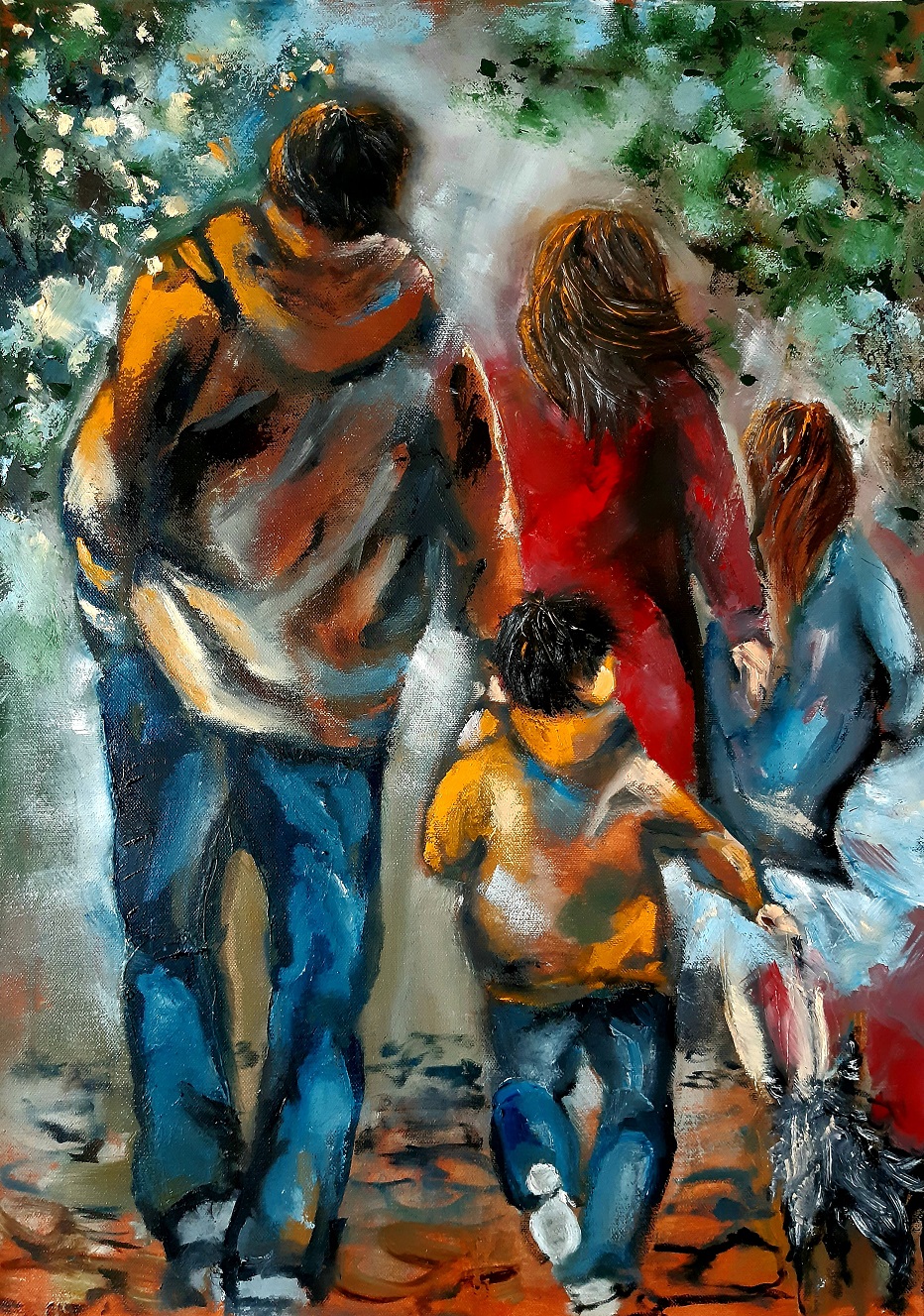 Original Figurative Painting of a family walking in a park. Check out our large selection of art to suit your home or office.